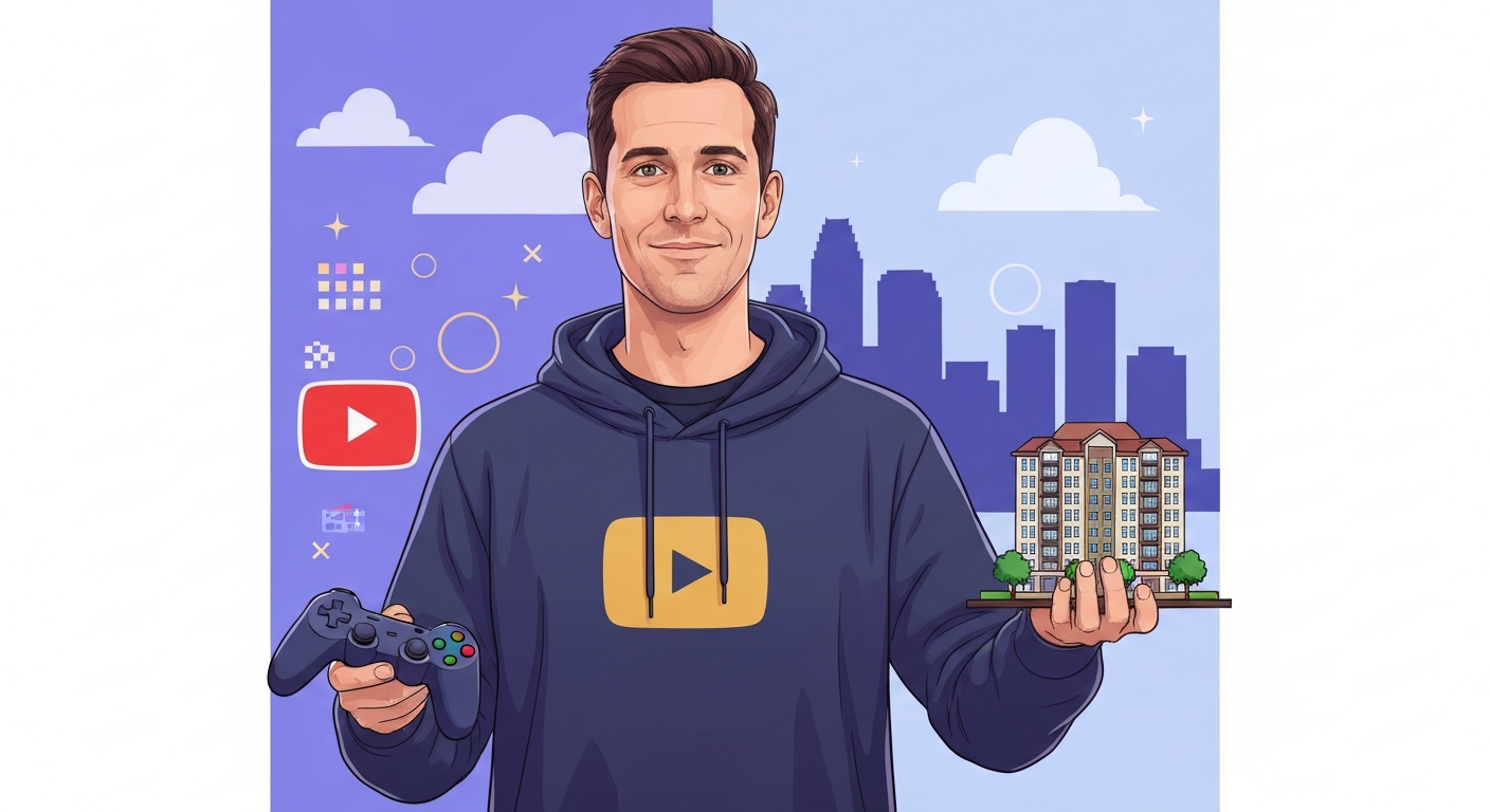Illustrated portrait of SSundee (Ian Marcus Stapleton) as a gamer-entrepreneur, holding a controller and a miniature apartment building with a split gaming/real-estate background.