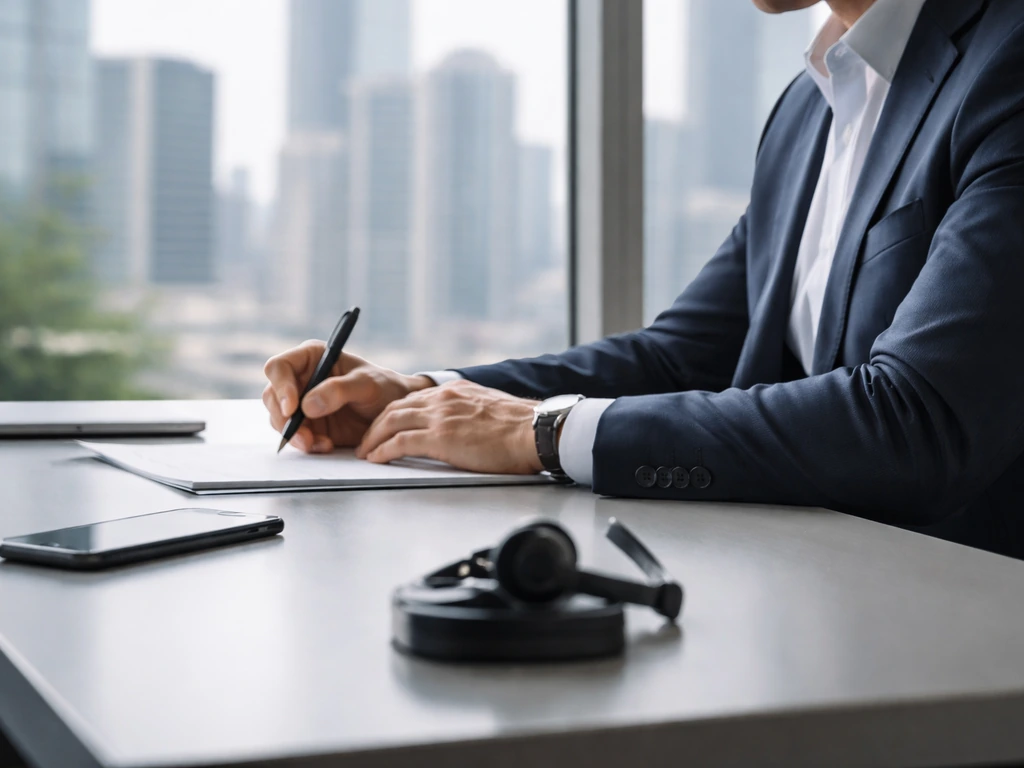Anonymous business executive working at a modern media-tech office desk with a smartphone and coffee