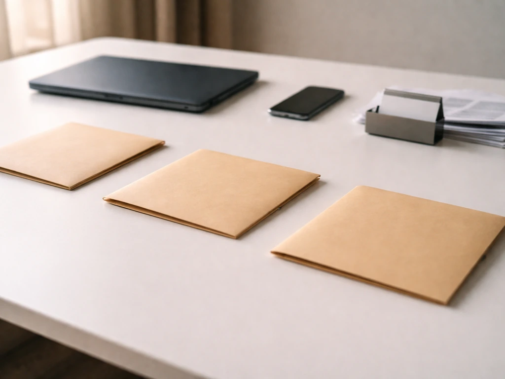 Minimal photo of an office desk with a smartphone, business card holder, and scattered documents symbolizing career mile