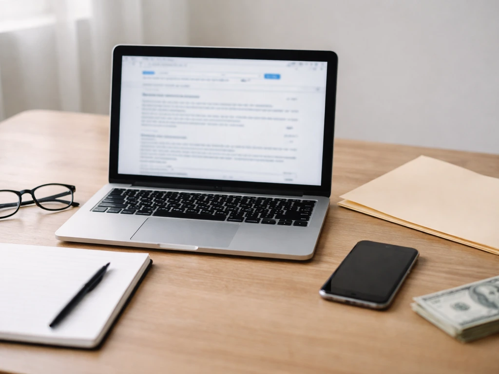 Minimal desk scene with laptop search for legal filing, blurred screen, eyeglasses, and money as symbolism.
