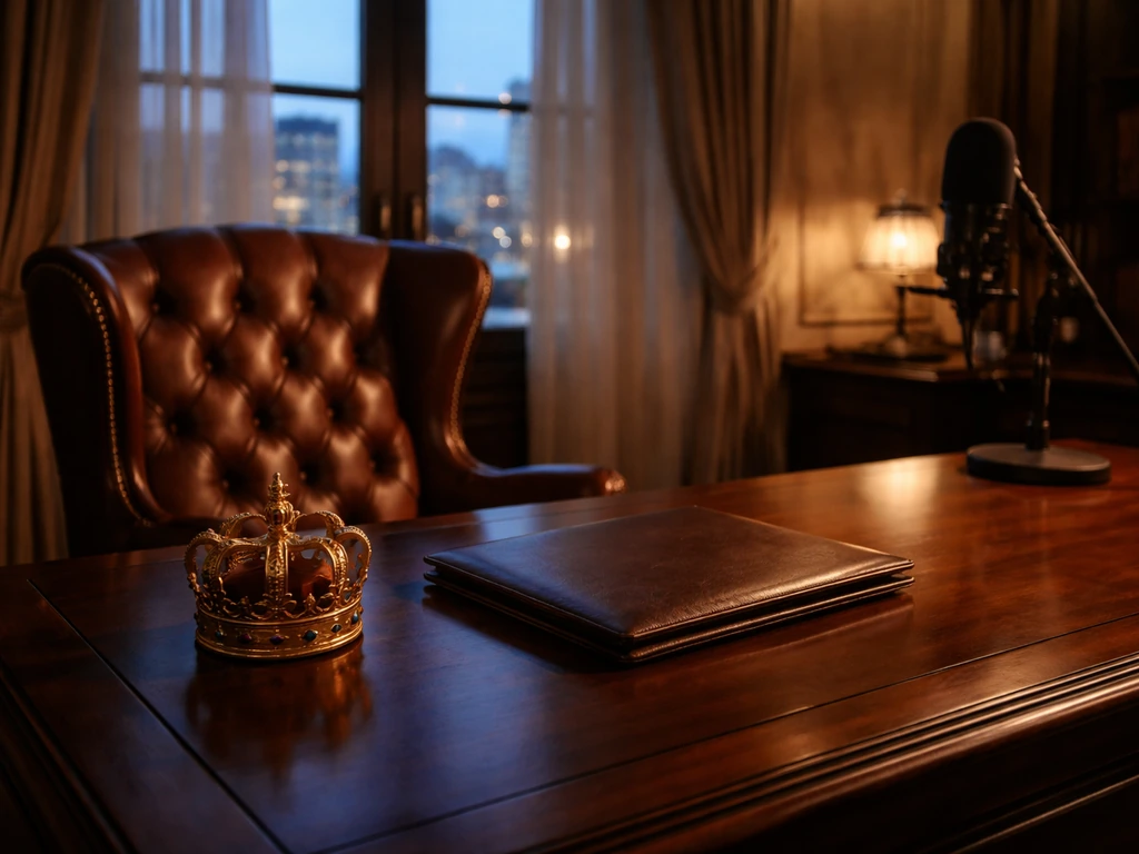 Upscale desk scene with crown ornament and studio microphone, implying nobility and media presence.