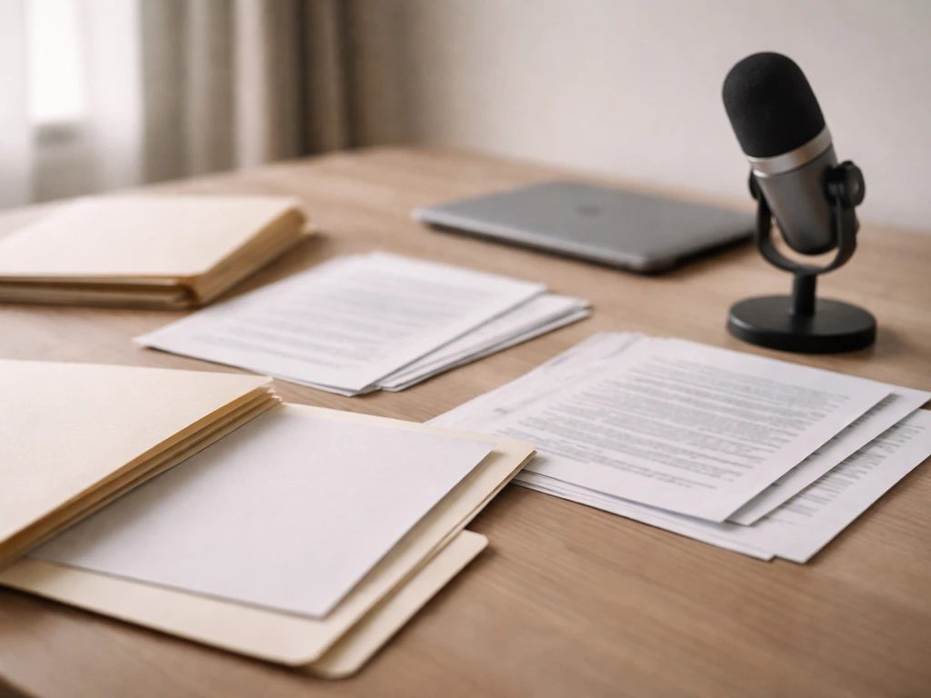 Minimal desk scene with generic legal and registry-style documents, laptop, and microphone, no readable text.