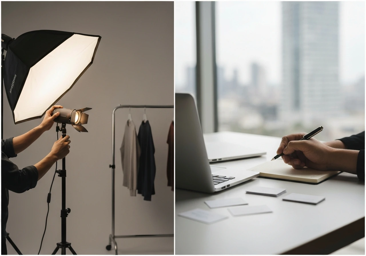 Split-photo style scene showing an LA fashion photography studio setup beside a generic office desk