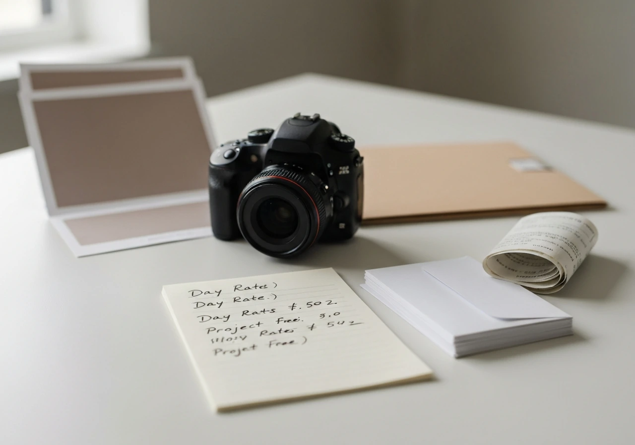 Close-up of a photographer’s desk with a camera, blank papers, and contact sheets suggesting income signals.