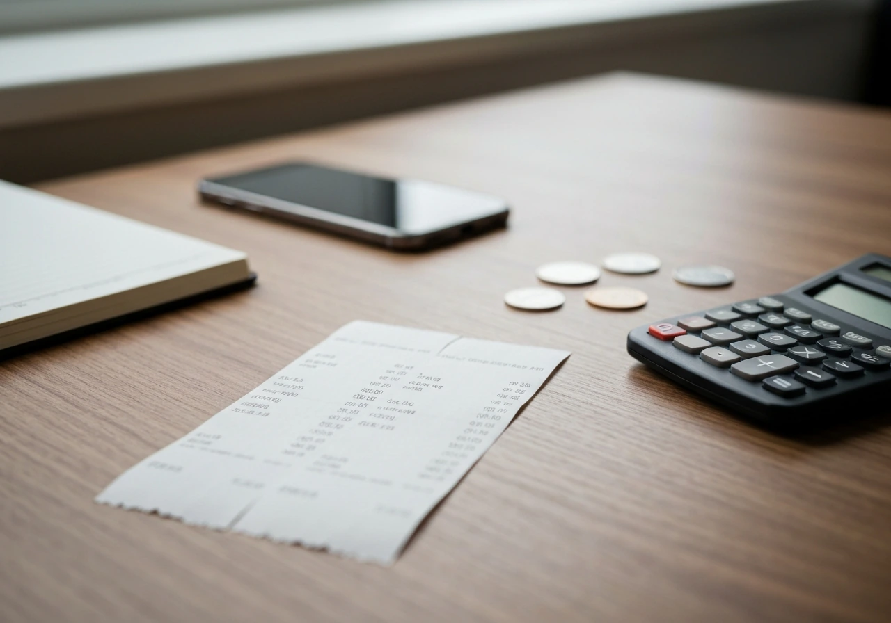 Two business-style receipts on a desk with a calculator and scattered coins, suggesting conflicting money estimates.
