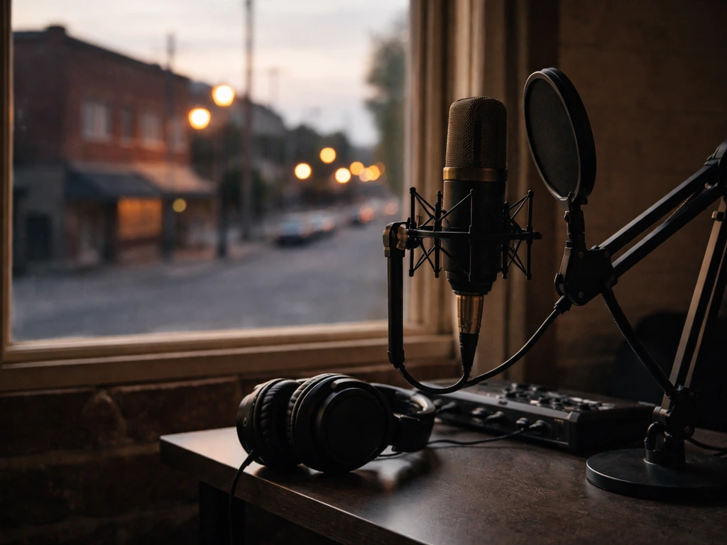 Minimal photo of a South Sacramento hip-hop studio vibe: microphone, headphones, and a city street at dusk