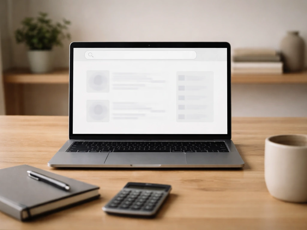 Laptop on a quiet desk shows blurred placeholder search results, implying no available profile.