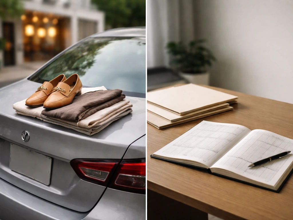 Split-scene photo: luxury car and designer items beside a desk with blank ledger and invoice folders.