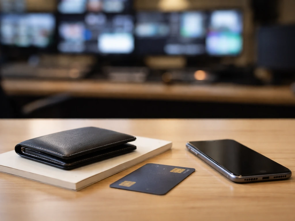 Minimal desk scene with a wallet and smartphone beside a notebook, symbolizing a net-worth range estimate analysis.