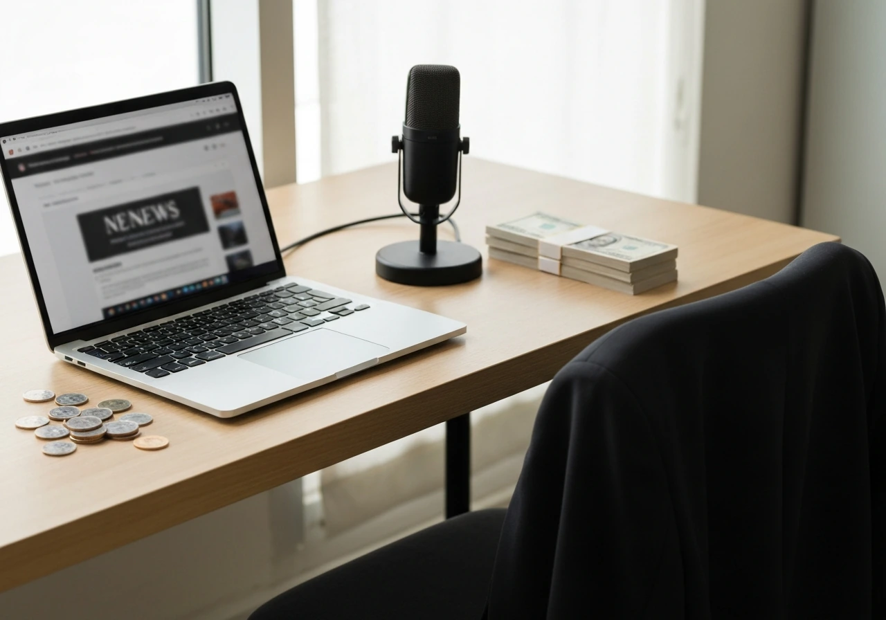 Minimal desk scene with coins, cash-like notes, a laptop, and a microphone for a net-worth article.