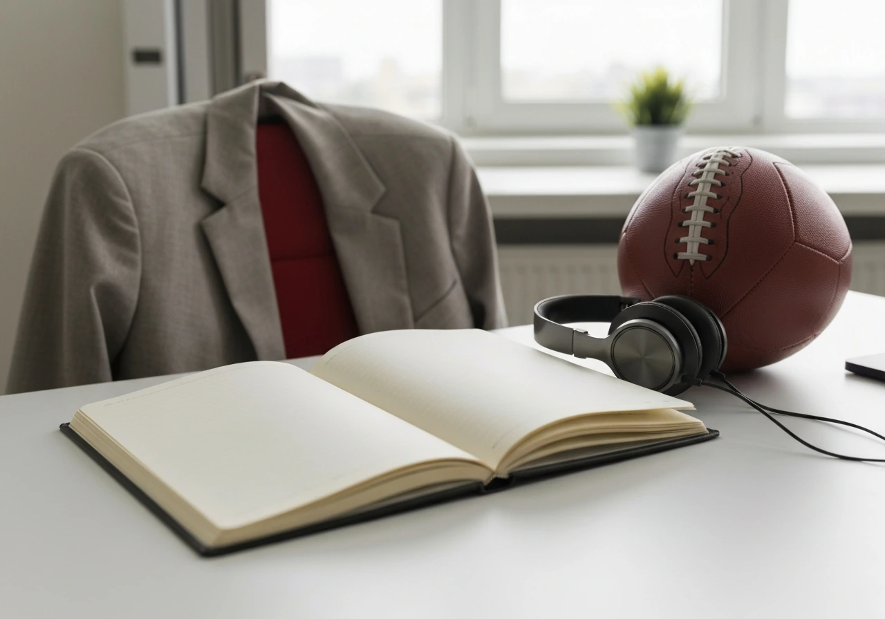 Minimal football-themed media desk with a soccer ball and headphones in natural light