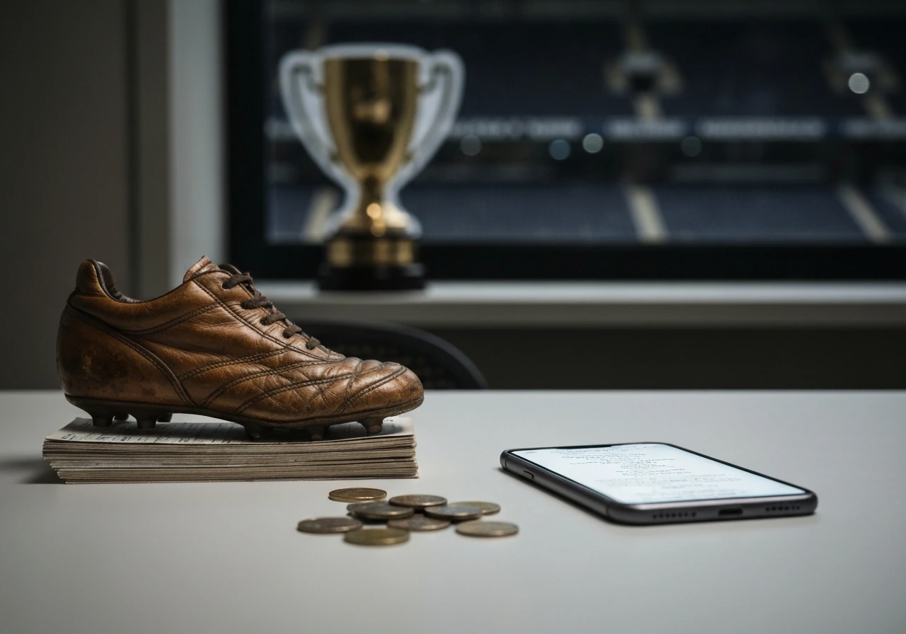 Simple photo of a football boot on a desk with coins and a smartphone showing a blurred invoice-style glow