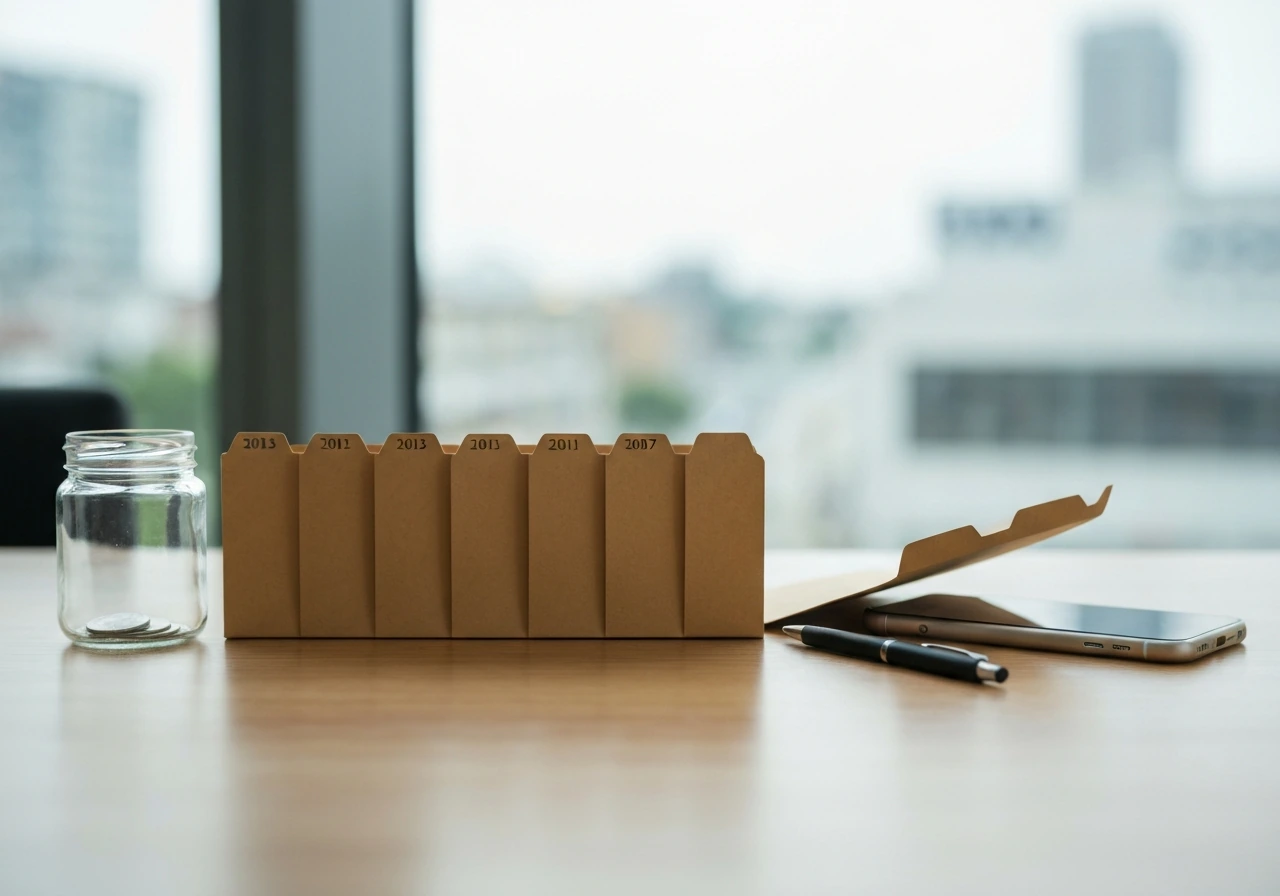 Minimal studio scene with a timeline-like row of five small folders beside a smartphone and coin jar
