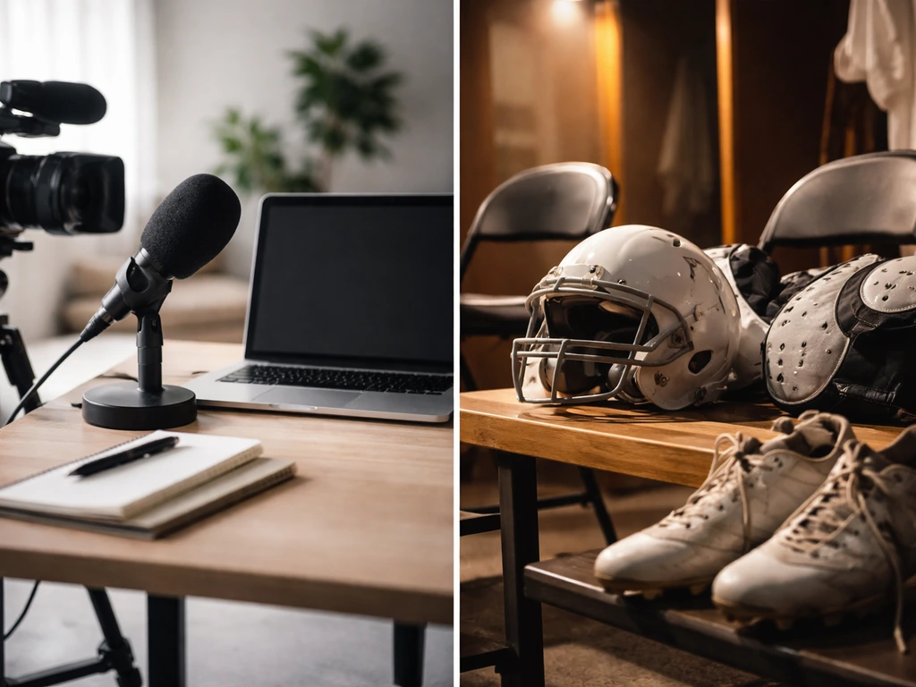 Split-screen: studio desk with camera and mic on one side, locker-room football gear on the other.