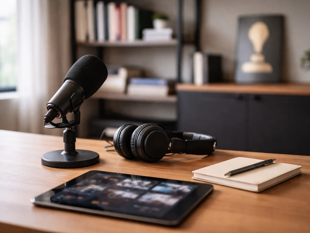 Minimal media office desk scene with a microphone and headphones, symbolizing business and media leadership.