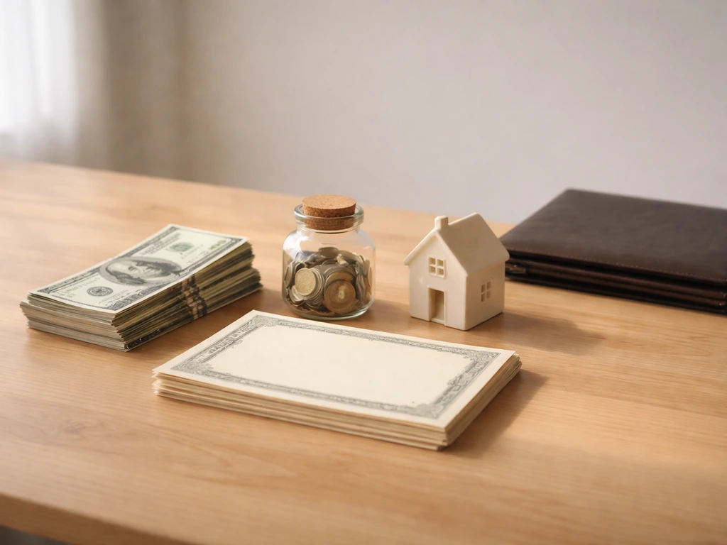 Minimal desk scene with envelopes, coins, and a small house model beside a closed ledger, symbolizing assets and liabili