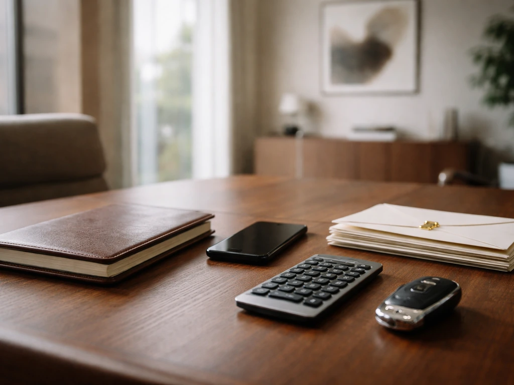Minimal office desk scene with calculator, phone, envelopes, car keys, and window light suggesting assets.