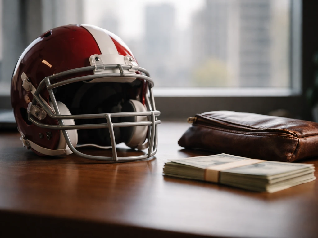 Minimal photo of a football helmet and cash on an office desk, symbolizing NFL earnings and estimates.