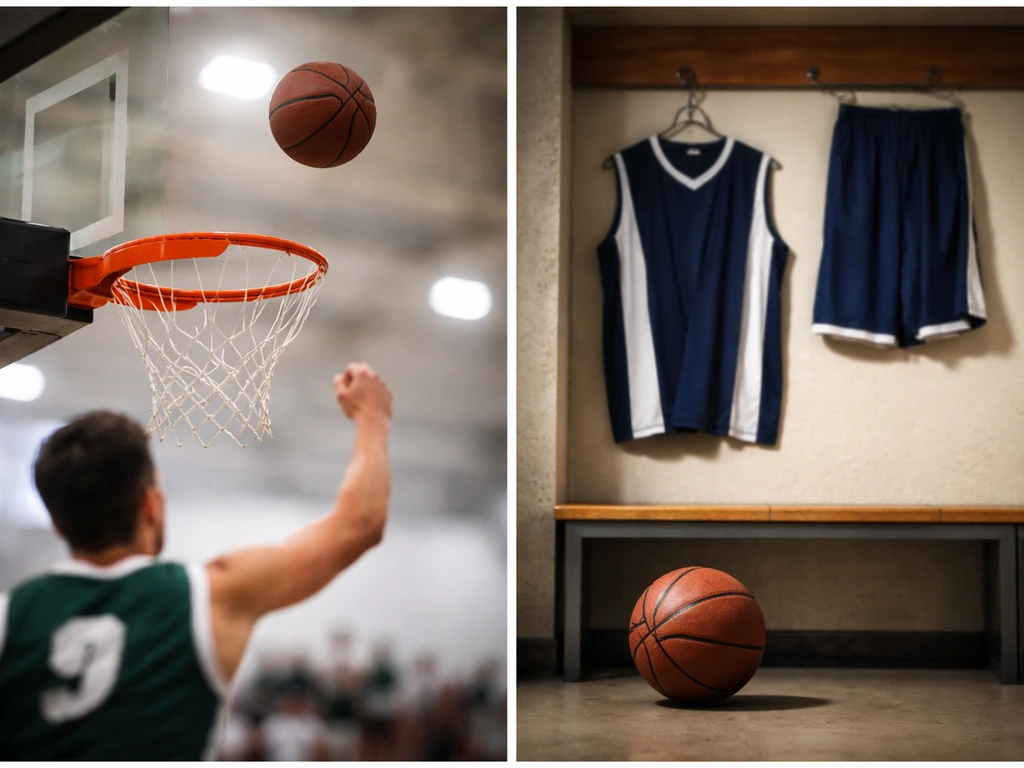 Two-panel collage showing an anonymous basketball hoop moment and a jersey/locker-room setup.