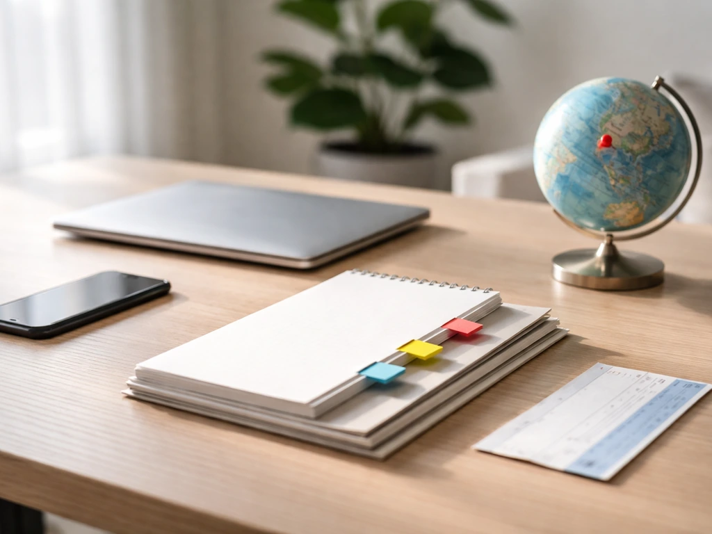 Minimal home office desk with milestone sticky tabs, globe pin, and documents suggesting a career timeline.