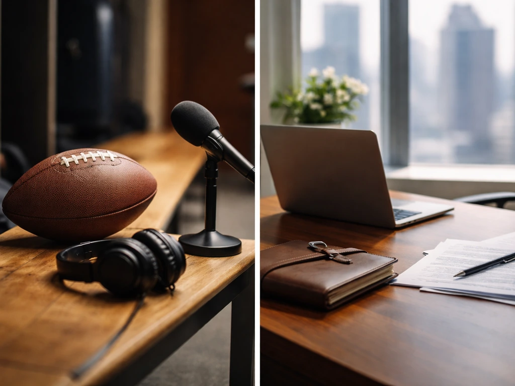 Split-scene showing anonymous NFL-style football and a business co-founder office setting side by side