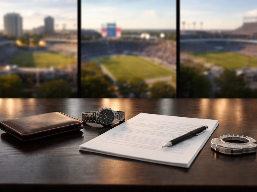NFL-themed money and contracts timeline idea with three city landscapes in a minimal, realistic scene