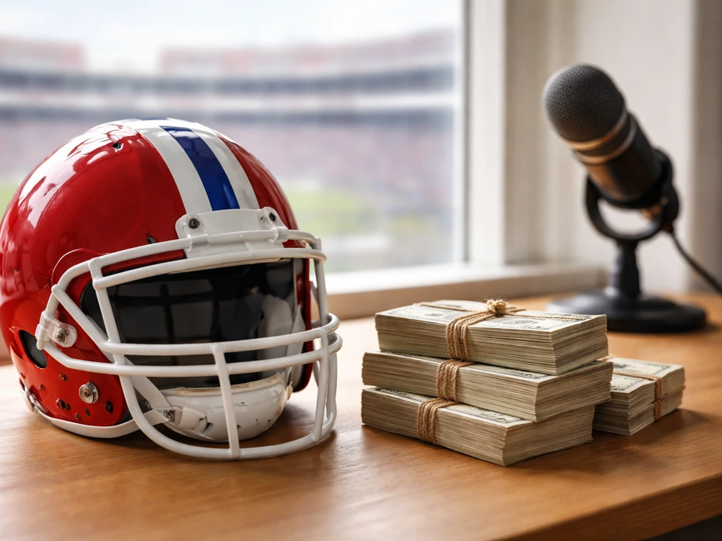 NFL-style defensive football helmet and money-themed lighting in a quiet studio setting