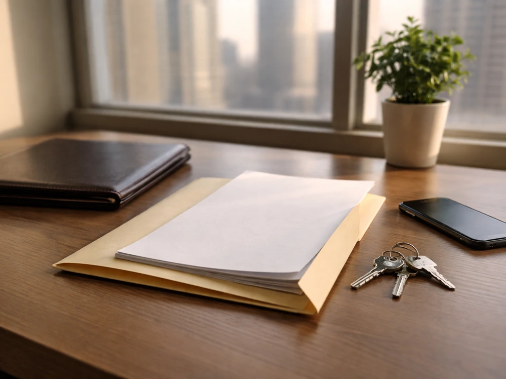 Minimal office desk with blank documents, folder, keys, and city view suggesting post-NFL business income