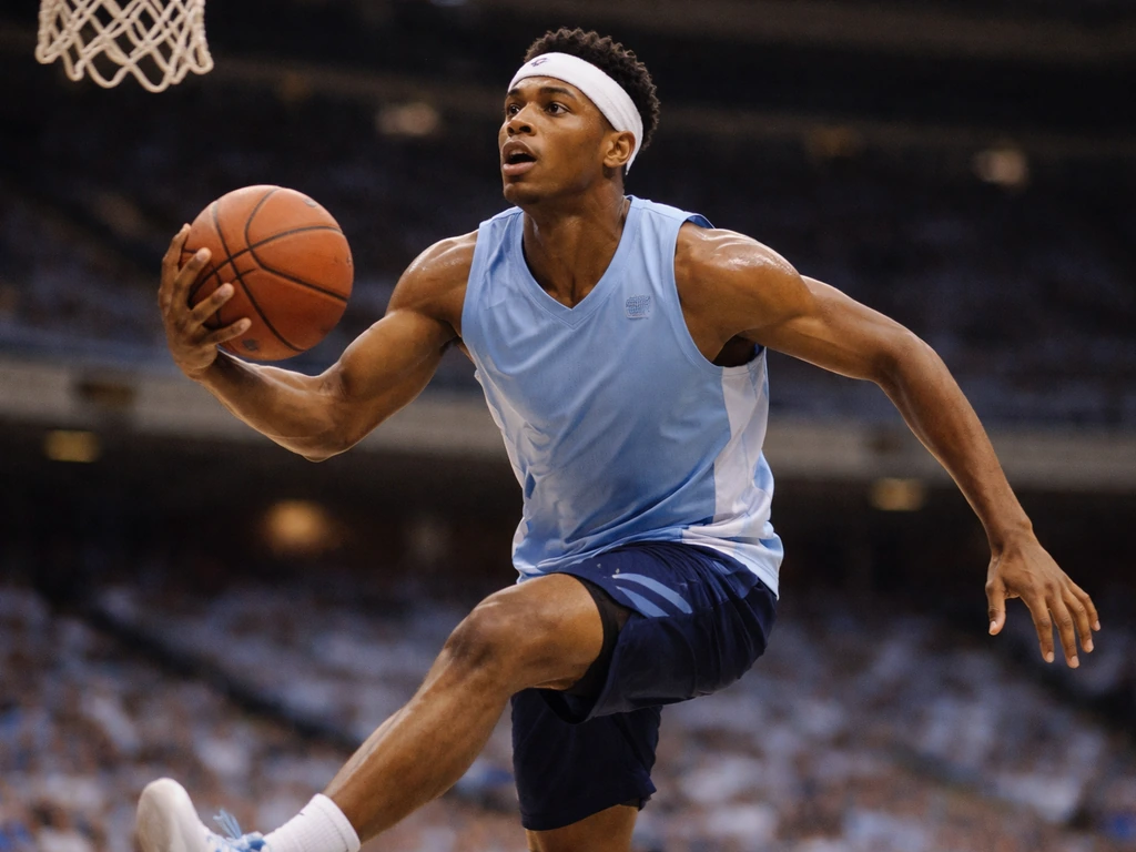 Anonymous college basketball player in Carolina-blue uniform driving to the hoop in an arena.