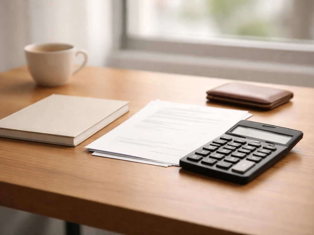 Minimal photo of a desk with scattered financial papers and a calculator, symbolizing net worth calculations.