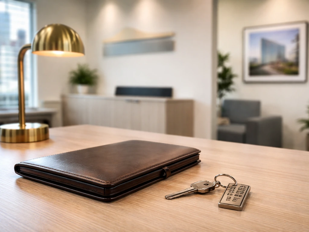Modern Raleigh-style office scene with subtle commercial real estate branding and a calm brokerage desk setup.