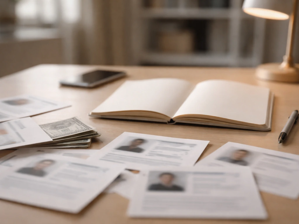 Blurred overlapping identity cards and a notebook on a desk, symbolizing disambiguation for marcus leithold net worth re