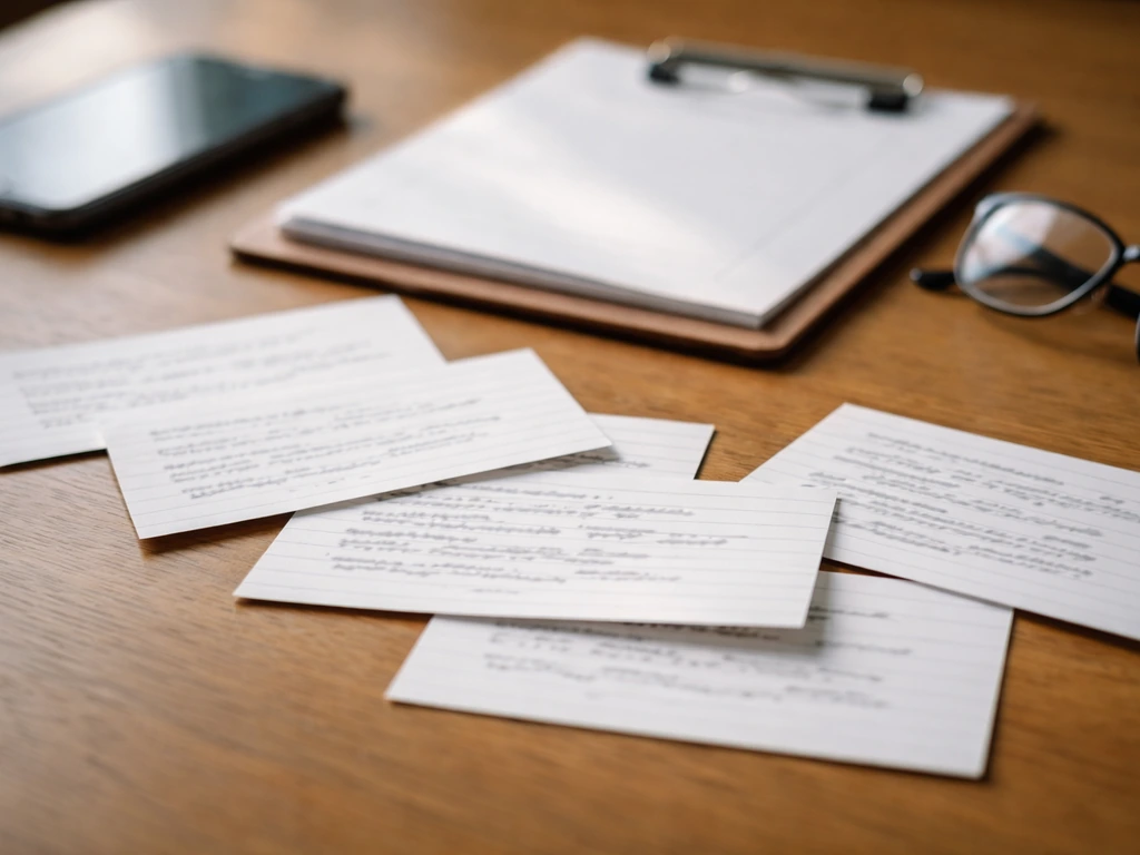 Close-up of index cards, clipboard, and phone on a desk suggesting public-record disambiguation.