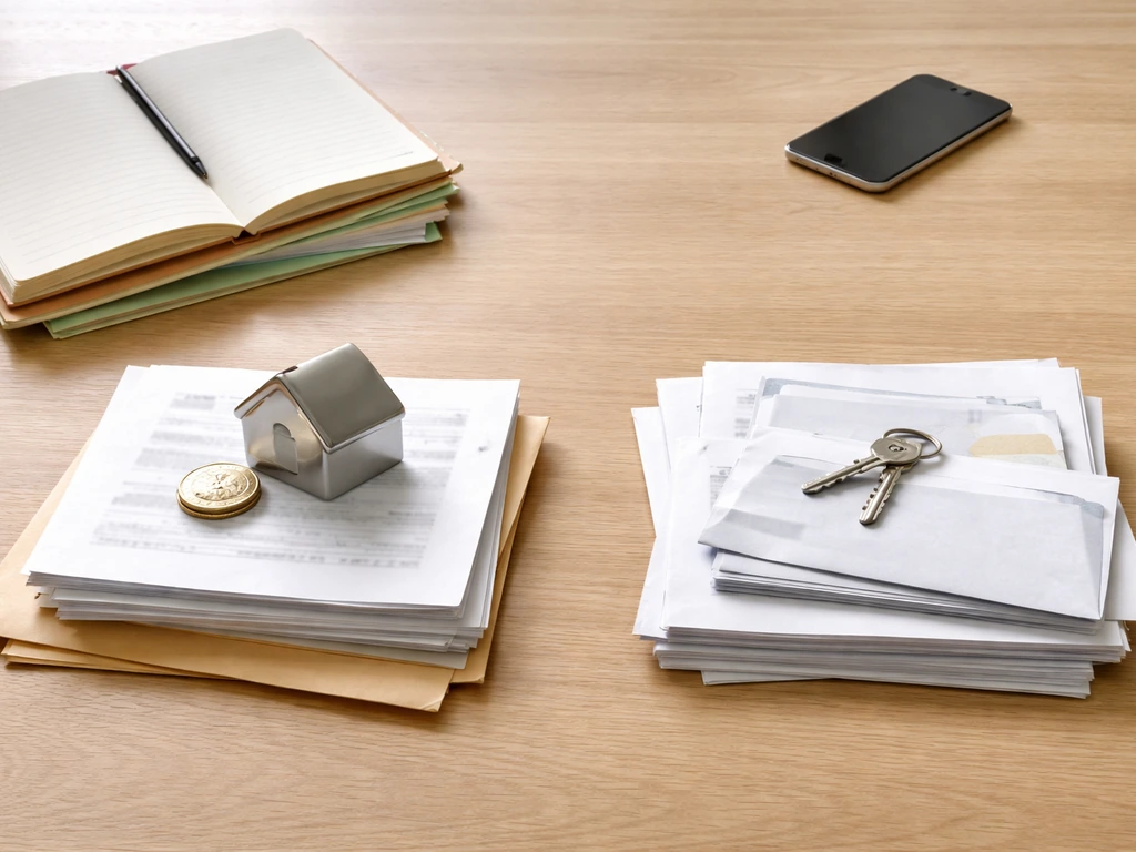 Minimal tabletop scene with folders and money-themed objects arranged like assets minus liabilities.