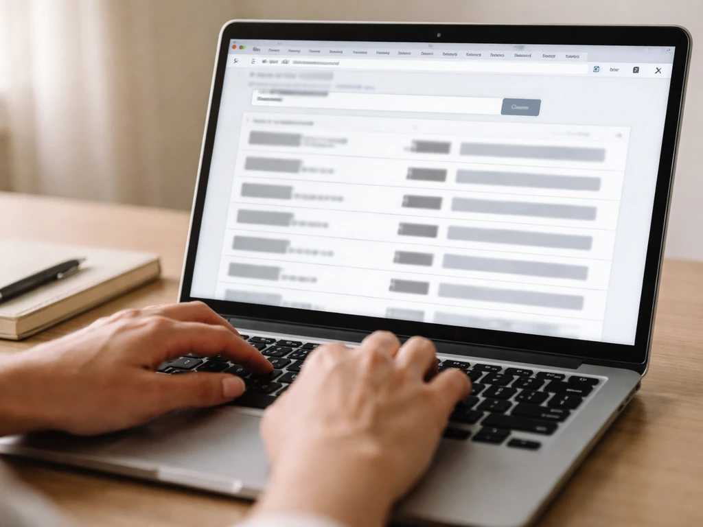 Hand typing on laptop showing redacted county assessor property record search results concept