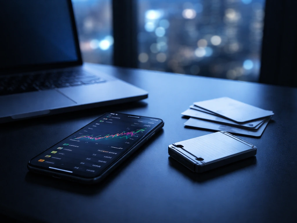 Minimal fintech workspace with a smartphone and crypto-themed lighting, suggesting crypto wealth estimation