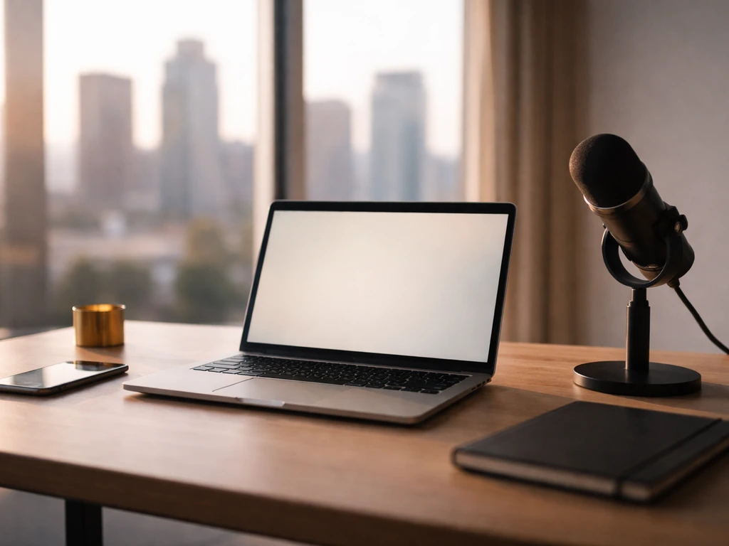 Minimal office scene with a laptop, smartphone, and a subtle blockchain/fintech vibe in soft Los Angeles light