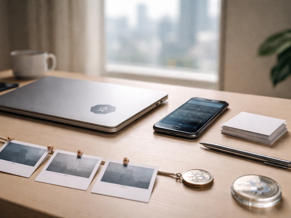 Minimal office desk with laptop and blurred finance screen, coin-like objects, and blank milestone cards on a ribbon.